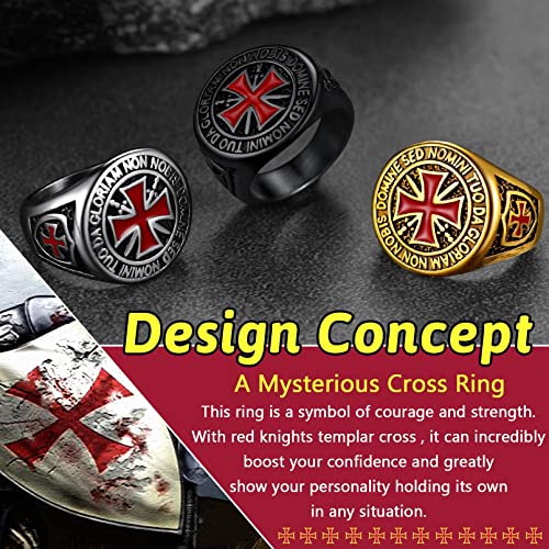 FaithHeart Mens Stainless Steel Crusader Jerusalem Cross Ring with 18K Gold Plated Two Tone Ring Size 7,8,9,10,11,12 - color: 02. Crusader Cross-Gold