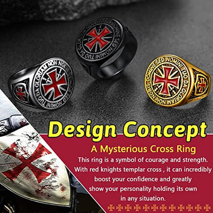 FaithHeart Mens Stainless Steel Crusader Jerusalem Cross Ring with 18K Gold Plated Two Tone Ring Size 7,8,9,10,11,12 - color: 02. Crusader Cross-Gold