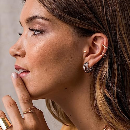 Chunky Gold Hoop Earrings for Women 14k Gold Plated Thick Triple Earrings | Hypoallergenic Trendy Chunky Gold Hoops Earrings,Dainty Jewelry Gifts for Women - style: Silver Triple-Layer Overlap Earrings (Small)