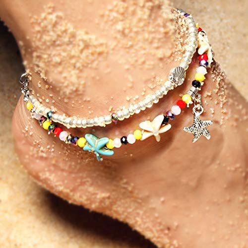 Softones Blue Starfish Turtle Anklet Multilayer Charm Beads Sea Handmade Boho Anklet Foot Jewelry for Women - style: I:Star3