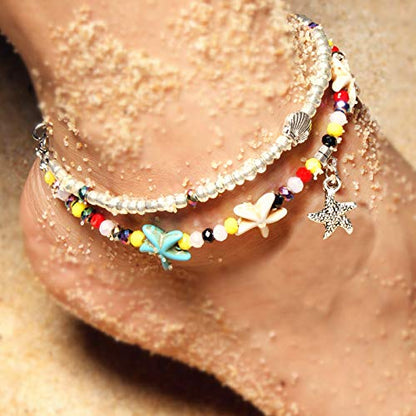 Softones Blue Starfish Turtle Anklet Multilayer Charm Beads Sea Handmade Boho Anklet Foot Jewelry for Women - style: I:Star3