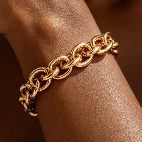 Chunky Gold Bracelet for Women Non Tarnish, Trendy Stretch Cuban Link Chain Plated Gold Bangle Bracelets - color: O-Small-Gold