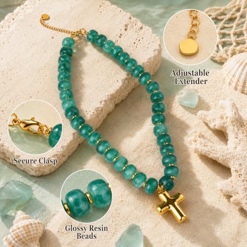 Colorful Resin Chunky Beaded Necklace for Women Modern Statement Choker Necklace with Gold Tone Cross Pendant Boho Summer Jewelry Gift - color: Emerald Green-1