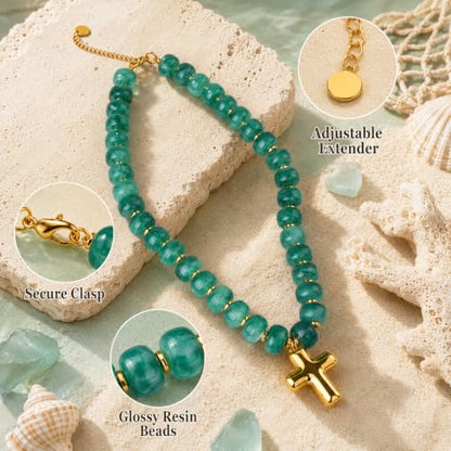 Colorful Resin Chunky Beaded Necklace for Women Modern Statement Choker Necklace with Gold Tone Cross Pendant Boho Summer Jewelry Gift - color: Emerald Green-1