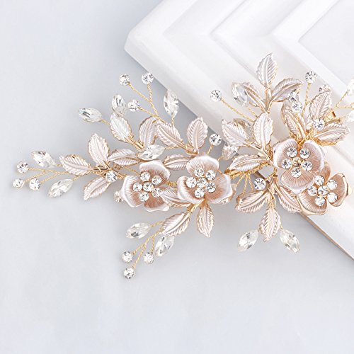 SWEETV Light Rose Gold Wedding Clip Rhinestone Bridal Comb Barrette - Handmade Flower Clip Head Pieces for Women | Light Rose Gold Rhinestone Handmade Hair Accessories for Women, Bridal Hair Accessories Wedding Hair Accessories Hair Pieces - color: 1: Lig