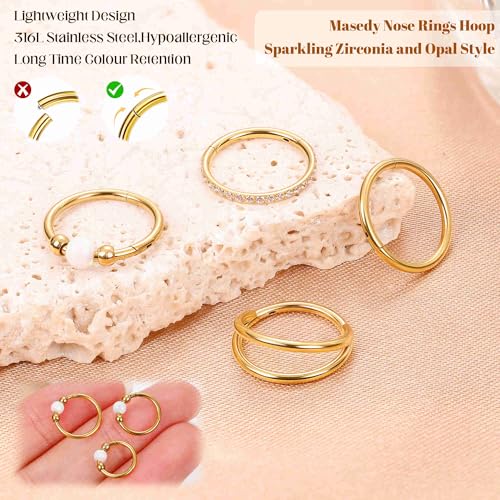 4PCS 18G 20G Surgical Steel Nose Ring Hoop for Women Men Hinged Double Nose Hoop CZ Opal Clicker Septum Nose Hoops Cartilage Conch Tragus Rook Ring Lip Daith Piercing Jewelry Gold Silver 7-9MM - color: Gold, size: 18G-7mm (Relatively Small)