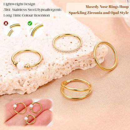 4PCS 18G 20G Surgical Steel Nose Ring Hoop for Women Men Hinged Double Nose Hoop CZ Opal Clicker Septum Nose Hoops Cartilage Conch Tragus Rook Ring Lip Daith Piercing Jewelry Gold Silver 7-9MM - color: Gold, size: 20G-8mm (Top Pick)