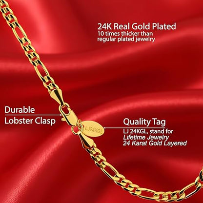 LIFETIME JEWELRY 4mm Figaro Chain Ankle Bracelet - Gold Anklets for Women - 24k Real Gold Plated - Made in USA with Lifetime Replacement - color: Gold