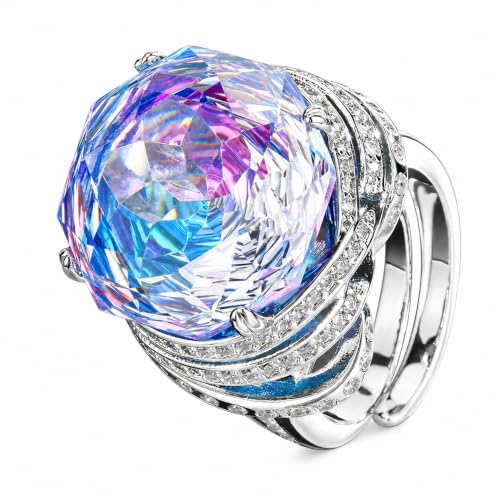 Rose Cut Octagon Cocktail Open Ring For Women, 3 Colors Aquamarine Aurora Pink Gem Split Shank Pave Crystal Evening Statement Ring - color: powder