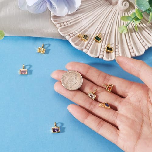 Beadthoven 9Pcs Gold Plated Cubic Zirconia Charms Rectangle Crystal Rhinestone Charms Dangle Bead Long-Lasting Brass Birthstone Pendants for Jewelry Making Necklace Earrings Bracelet DIY Craft - color: Rectangle Mix