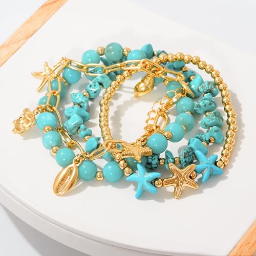 LALAPPLE Shell Bracelet Boho Beaded Stretch Bracelets for Women Seashell Strand Bracelets Starfish Charm Jewelry Summer Beach Jewelry Stackable Crystal Gold Plated Beads Bracelet for Women - style: T-Style5