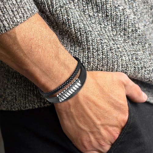 Leather Bracelet for Men Braided Stainless Steel Mens Bracelets - color: Black 5