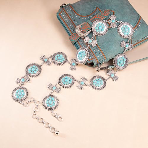 Montana West Rustic Couture's Turquoise Western Concho Chain Belt for Women | Large Western Cowgirl Metal Adjustable Boho Body Chain Belt for Dresses Jeans Country Concert - color: Turquoise