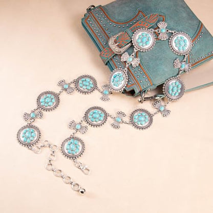 Montana West Rustic Couture's Turquoise Western Concho Chain Belt for Women | Large Western Cowgirl Metal Adjustable Boho Body Chain Belt for Dresses Jeans Country Concert - color: Turquoise