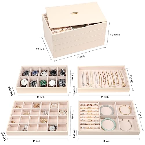 Voova Stackable Jewelry Organizer Tray with Lid (Set of 4, Apricot) | Stackable PU leather jewelry trays with drawer inserts for earrings, rings, necklaces, bracelets and watches; set of 4 - color: Apricot