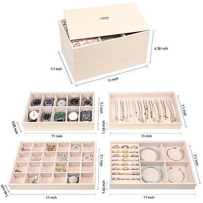 Voova Stackable Jewelry Organizer Tray with Lid (Set of 4, Apricot) | Stackable PU leather jewelry trays with drawer inserts for earrings, rings, necklaces, bracelets and watches; set of 4 - color: Apricot
