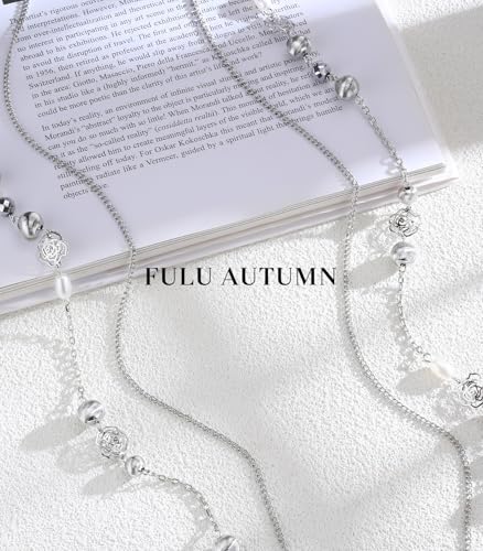 FULU AUTUMN Long Layered Silver Necklaces for Women - Natural Stone and Dainty Flower Beaded Sweater Chain Fashion Jewelry Gifts - color: Silver