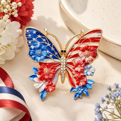 Butterfly American Flag Brooch Pin for Women Sparkly Crystal Red Blue Butterflys Brooches Pins Colorful Enamel Butterfly Statement Pin Patriotic Jewelry Accessorie Gifts - color: RedBlue