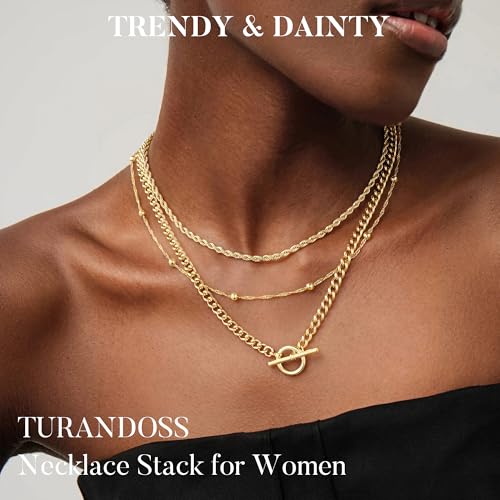 Turandoss Layered Necklaces for Women, 14K Gold Plated Chain Necklace Stack | Non Tarnish Gold Necklaces for Women, Toggle Clasp Herringbone Rope Satellite Cuban Link Chain Necklace, Trendy Jewelry Gifts - color: " rope+satellite+toggle-G
