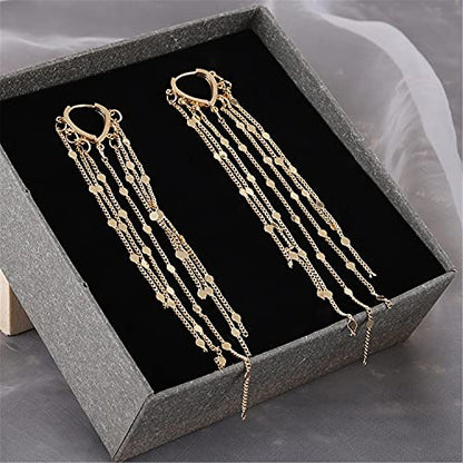 Chic Charm 14k Gold Silver Plated Big Chandelier Tassel Long Chain Geometry Huggie Hoop Dangle Drop Earrings for Women Statement Jewelry Gifts - color: Gold
