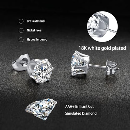 Gemsme 5 Pairs Princess Cut Cubic Zirconia Stud Earrings for Women/Men - 18K Gold Plated Hypoallergenic 3-7mm Square Clear CZ Earring Set - color: White Gold-Round 6 Prong