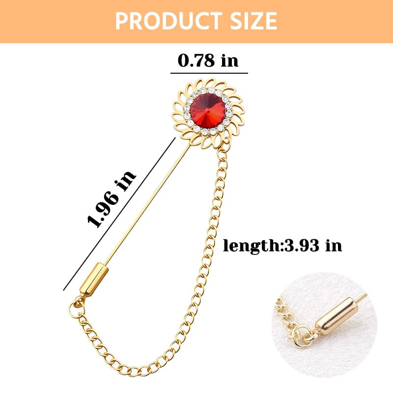 Mens Sunflower Lapel Pin Crystal Rhinestone Brooches for Men Hanging Chain Brooch Suit Pin Flower Lapel Pins for Men Wedding Business Party - color: Red