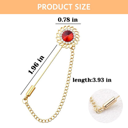 Mens Sunflower Lapel Pin Crystal Rhinestone Brooches for Men Hanging Chain Brooch Suit Pin Flower Lapel Pins for Men Wedding Business Party - color: Red