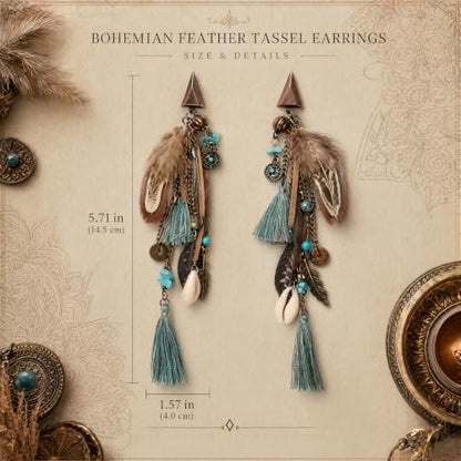 Boho Feather Tassel Earrings,Ethnic Vintage Bohemian Retro Turquoise Beaded Dangle Drop Earrings,Long Vintage Shell Statement Jewelry Gift Country Concert and Summer Festival Accessories