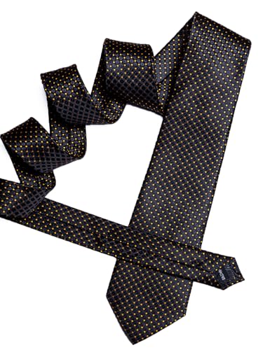 YOHOWA Men Plaid/Striped Ties Clip Set Silk Necktie Pocket Square Cufflinks | Woven Classic,Formal/Casual Mens Tie,Pocket Square Cufflinks Set,Luxury,Business,Wedding,Party,Prom,Graduation - color: Black Gold a