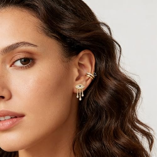 Bemoly Ear Cuff Earrings for Women 14K Gold Plated Cubic Zirconia Dangle Huggie Ear Cuffs Non Piercing | Clip On Cartilage - style: Blue Split Trio
