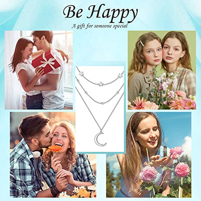 925 Sterling Silver Multilayer Layered Triple Long Chain Necklace for Women - style: Moon Star