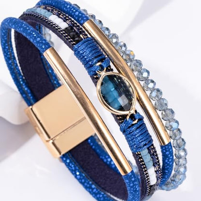 Boho Leather Wrap Bracelets Beaded Stackable Cuff Bracelet Country Concert Outfits Cowboy Cowgirl Western Jewelry Gifts for Women - color: Crystal-Blue