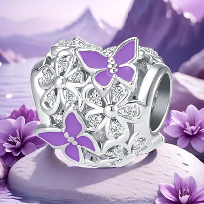 Butterfly Daisy Flower Heart Charm Clear CZ Bead for European Bracelet - style: Purple