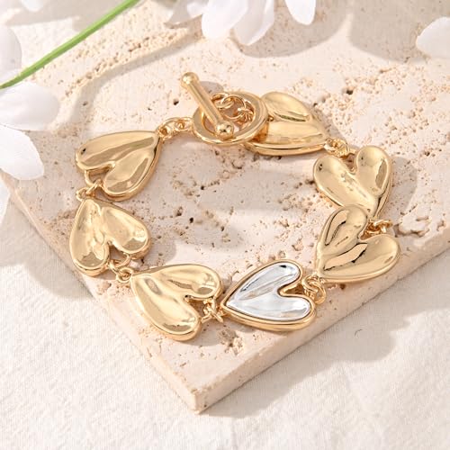 14K Gold & Silver Plated Lightweight Link Bracelet for Women | Stackable Bracelets ,14K Gold Plated Bracelets with CZ,Lightweight Trendy Chain Bracelet Jewelry Gift - style: gold heart chain
