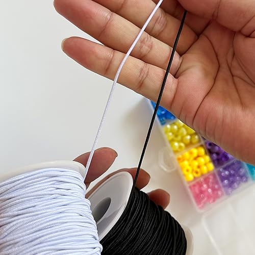 Elastic String for Bracelets, QBJAYTY 0.8mm 1.0mm 1.5mm Black White Stretchy Stretch Bracelet Cord for Kandi Pony Wooden Beads, Round Elastic Cord for Sewing, Beading (1.5mm Black White)