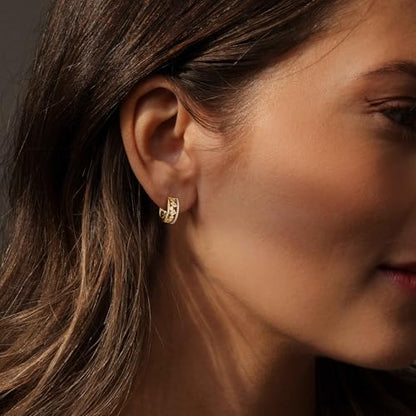Gold Earrings for Women, Dainty Triple Huggie Earrings 14K Gold Plated Small Hoop Earrings for Women Trendy Cute Hypoallergenic Stud Earrings Unique Double Hoops Waterproof Womens Jewelry Gifts - color: gold plated-G