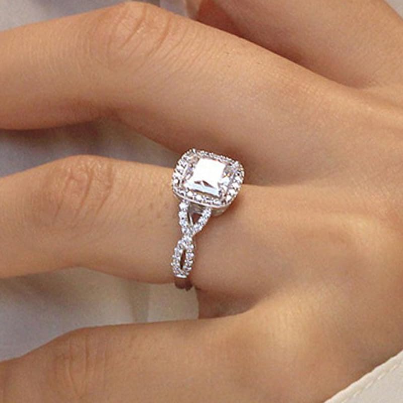 18k White Gold Plated Cubic Zirconia Promise Rings for Her, Halo Engagement Rings,Square Wrap Chain Twisted Arm Ring Cocktail Ring Princess Cut Engagement Eternity Ring for Women Size 6-10（7） - size: 7