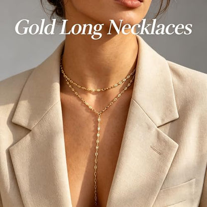 Gold Lariat Necklace for Women Layered Y Long Necklace Stainless Steel Choker Necklace Statement Necklaces Daily Prom Trendy Jewelry Gift for Women - color: Gold1