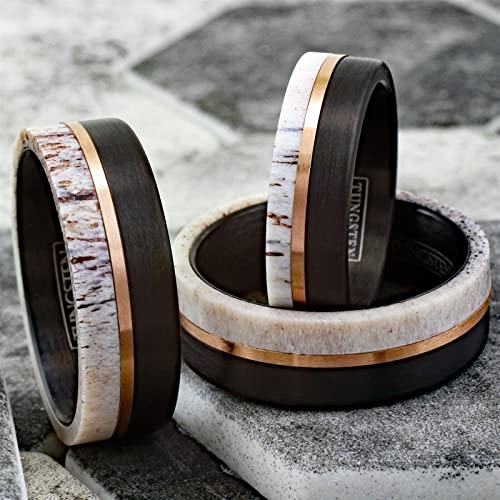 King's Cross Exquisite 6mm/8mm Brushed Finish Black Tungsten Carbide Flat Band Ring with Rose Gold Stripe and Raw Speckled White Deer Antler Inlay, (CNE556)