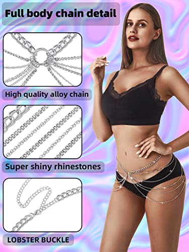 Rhinestone Body Chains Jewelry For Women And Girls Sexy Belly Waist Chain Bikini Beach Accessories Suitable for a Variety of Carnival scenes - style: Medium-34INCH Silver