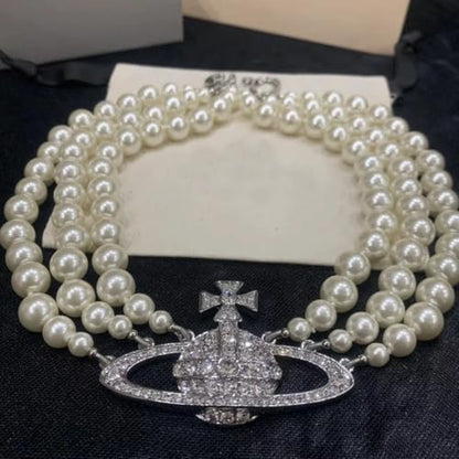 Dreuyet Saturn Pearl Necklace and Earrings Set Crystal Planet Earrings Dainty Artificial Pearl Choker Necklace Charm Gifts for Mum Wife Wedding Birthday Anniversary - color: 3 Layered Pearl Silver