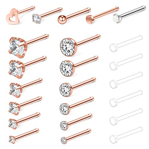 18G Nose Bone Studs Rings Pin Piercing Jewelry 1.5mm-4mm Clear Diamond CZ Ball Flat Heart Opal 4-23PCS - color: 23PCS - Rose Gold