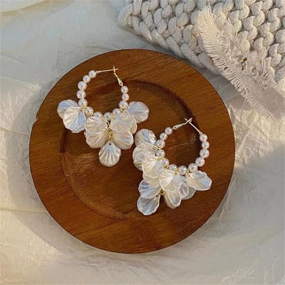 Seashell Pearl Stud Earrings for Women Ocean Sea Theme Sweet Double Layer Acrylic Shell Lightweight Dangle Drop Earrings for Summer Beach Holiday Halloween Party Jewelry Accessories - color: Pearl hoop earrings