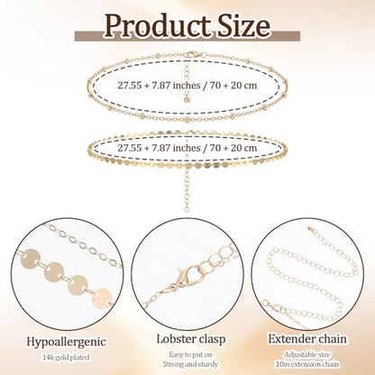 Waist Beads For Women Gold Waist Chain Body Chain Jewelry | 2 Layer Copper Belly Chain Jewelry 27.5" + 9.8" Adjustable Belt for Festival Beach Summer for Women