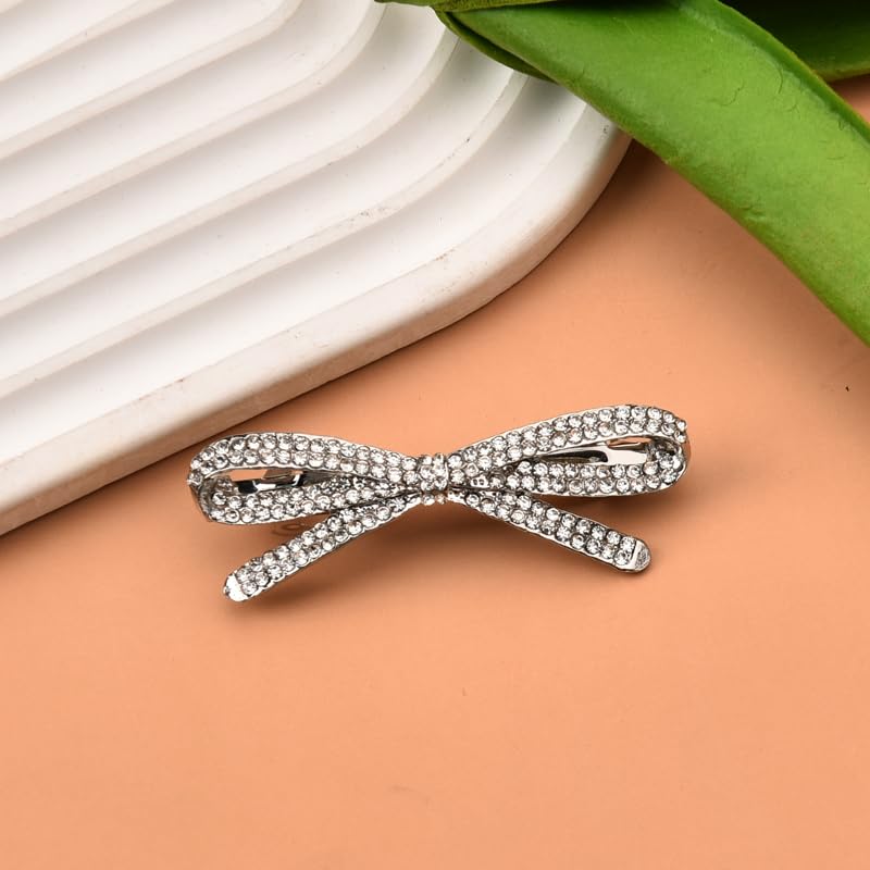 Rhinestone Bow Hair Barrettes for Women Girls Sparkling Glittering Bow-Knot French Barrettes Silver Crystal Hair Clips Hairpins Hair Pin Ponytail Holders Bling Metal Hair Bow Clips Accessories - color: Rhinestone