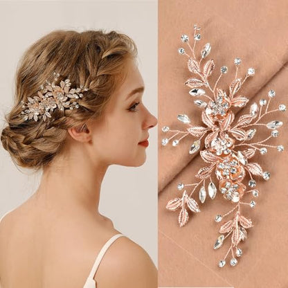 Bridal Hair Accessories Bright Rose Gold Wedding Hair Duckbill Clip for Brides, Handmade Rhinestone Hair Vine Wedding Head Pieces for Women and Bridesmaids Flower Girls, Christmas Gift - color: Bright Rose Gold