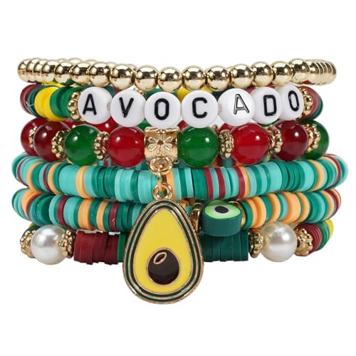 Twinfree Bohemian Cute Fruit Banana Cherry Strawberry Pineapple Mango Polymer Clay Beaded Stackable Stretch Bracelets - color: Color 6