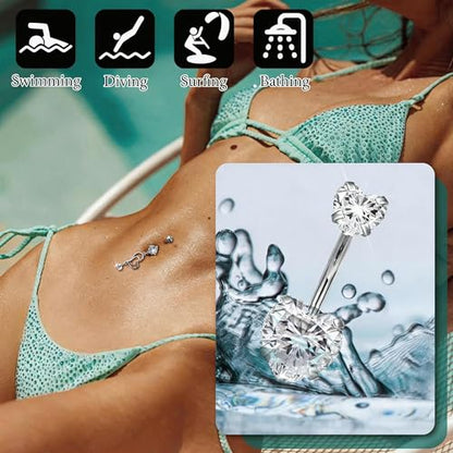 MEDOJO 7Pcs Belly Button Ring Pink Surgical Stainless Steel Belly Ring Bow Butterfly Heart Flower Navel Ring Belly Piercing for Women - color: Silver