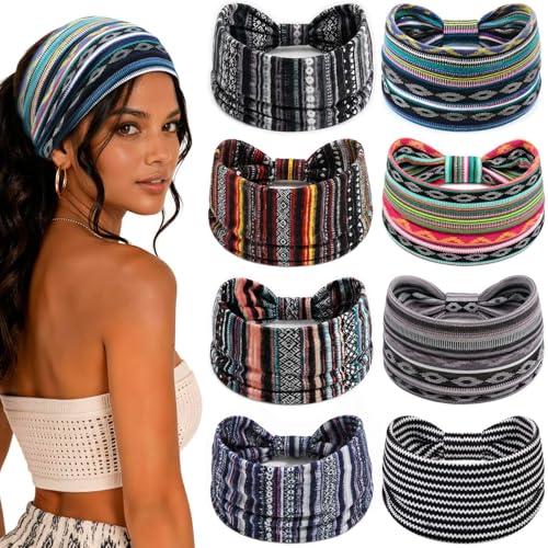 Awumbuk Wide Headbands for Women Knotted Non Slip, 8 Pack Soft Head Bands to Hide Hairline, Fashion Boho Style Bandana, Moisture Wicking Hair Bands for Workout Sports Yoga Makeup - color: Africa black