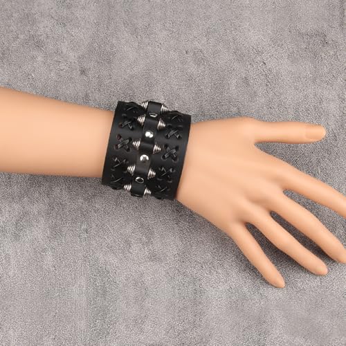 Jeilwiy Punk Leather Wristbands for Men Bracelets Handmade Wide Cuff Bangle Braided Jewelry Black Brown Adjustable - Punk Father's Gifts - color: 05 Leather Cuff Bracelet Black